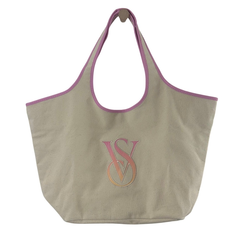 Victoria's Secret Canvas Tote Bag Cream Pink Embroidered Gradient Logo L NWOT